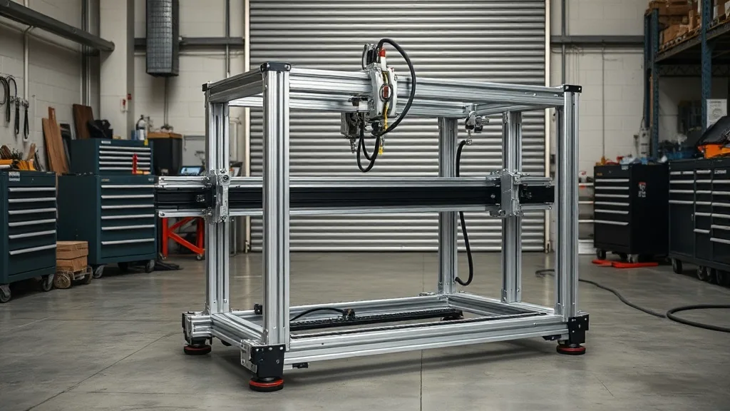 A part-built machine on the shop floor, an aluminium extrusion frame carrying linear rails and a cable track.