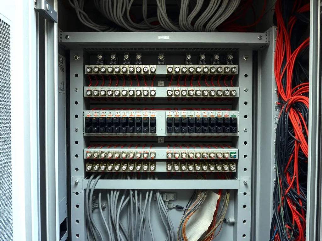 An open control cabinet with rows of terminal blocks on DIN rail and combed bundles of coloured wire.