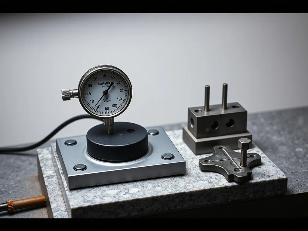 A dial indicator on a magnetic base standing on a granite surface plate beside a machined steel block.